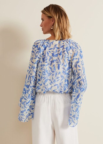 Phase Eight Simi Leaf Print Filcoupe Shirts Blue Australia | HG7482509